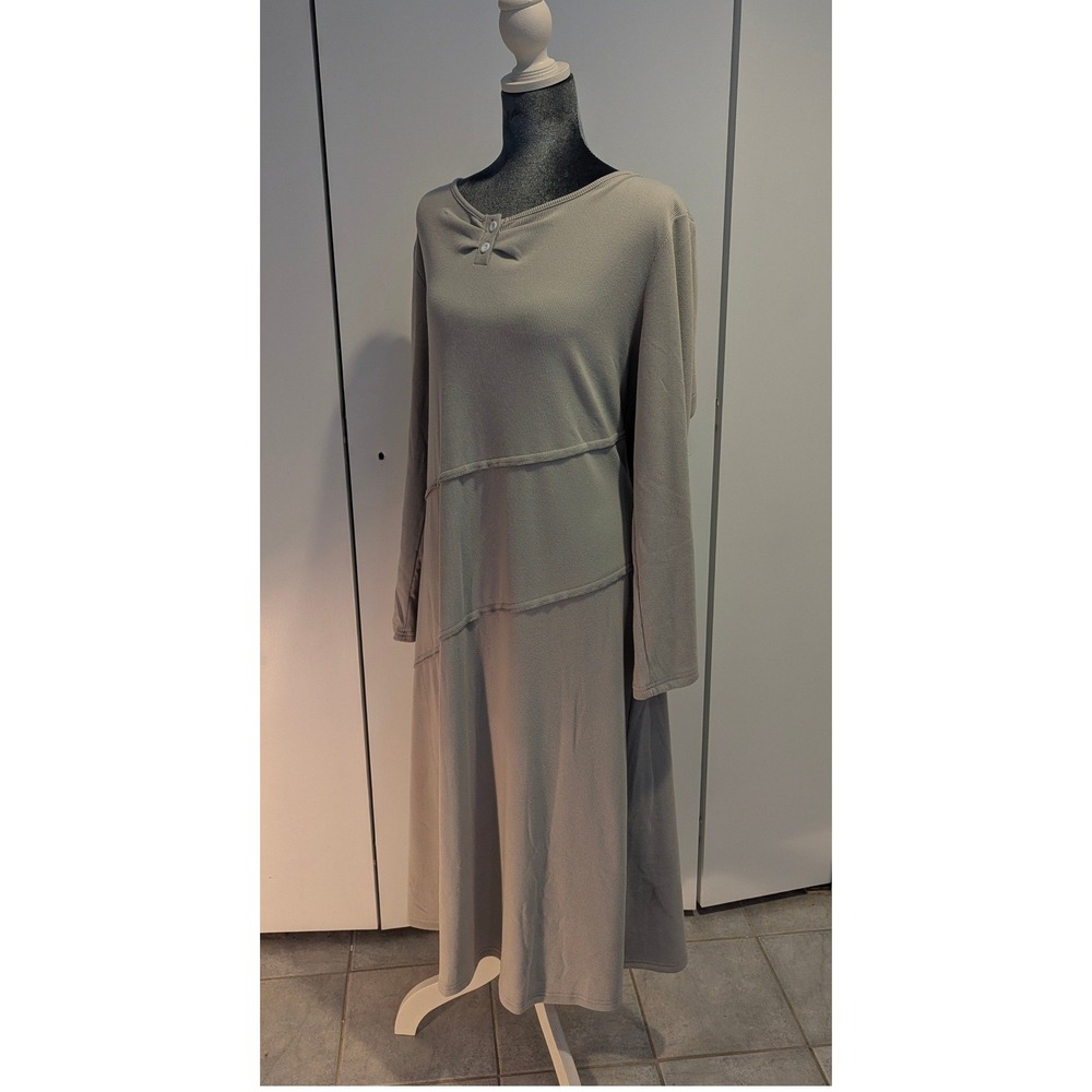 Gleelaud Women 1XL Taupe Grey Ribbed Long Sleeve Button Detail Midi A-Line Dress